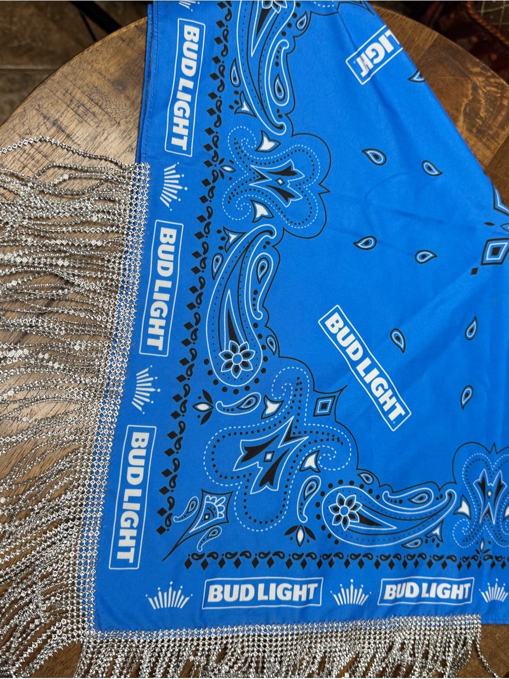 Bud Light Blue Bandana Scarf With Silver Fringe